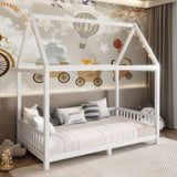 Wood Twin Size House Bed with Guardrail and LED, White N709P177522K