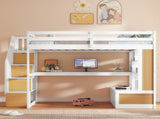 Full Size Loft Bed with Desk and Shelves, Two Built-in Drawers, Storage Staircase, White and Natural 04858801