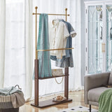 Golden Stainless Steel Hanger, Walnut Colored Solid Wood Double-Layer Coat Rack, 68.9 Inches High W1151P276823