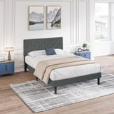 Queen Size Upholstered Platform Bed Frame with Modern Button Tufted Linen Fabric Headboard, No Box W311P195324