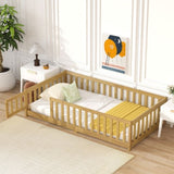 Twin Size Floor Bed with Fence and Door,Rubber Wood Floor Bed with Safety Guardrails,Natural 22789495