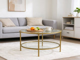 Round Glass Coffee Table with Lower Shelf, Champagne Gold Metal Frame, 2-Tier Modern 51201860