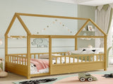 Twin Size Floor Wooden Bed with House Roof Frame, Fence Guardrails, W1858P310084