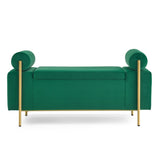 Elegant Upholstered Velvet Storage Bench with Cylindrical Arms and Iron Legs for Hallway Living Room W487128012