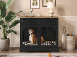 43.3" Farmhouse Dog Crate Furniture, Wooden Dog Kennel with 2 Storage Drawers and Rotating Food N704P414580D