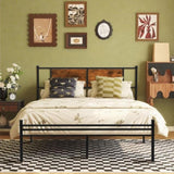 Full Size Metal Bedframe with Wood Panel Headboard - BlackBrown W3286P308720