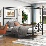 Metal Canopy Bed Frame, Platform Bed Frame Queen with X Shaped Frame Queen Black W84034643