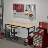 60" Adjustable Workbench for Garage, Rubber Wood Heavy Duty Workstation with Power Outlets & Wheels, W1422P218520
