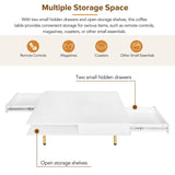 ON-TREND Exquisite High Gloss Coffee Table with 4 Golden Legs and 2 Small Drawers, 2-Tier Square WF315490AAK