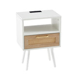 15.75" Rattan End table with Power Outlet & USB Ports , Modern nightstand with drawer and solid wood W126573114
