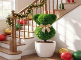 2 Pack Whimsical Bear Topiary Trees Artificial Boxwood Greenery with Golden Bows for Indoor Outdoor 24860070