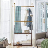 Golden Stainless Steel Hanger, Walnut Colored Solid Wood Double-Layer Coat Rack, 68.9 Inches High W1151P276823