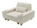 Beige Deep Seat Corduroy Armchair with Brushed Stainless Steel Cup Holder and Decorative Pillow, 12093506