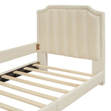 Twin Size Upholstered Daybed with Classic Stripe Shaped Headboard, Beige WF308905AAA