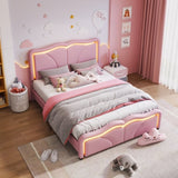 Full Size Upholstered Platform Bed with Curve Shaped and Height-adjustbale Headboard,LED Light WF323749AAH
