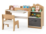 Kids Table and Chair Set with Storage Drawers House-Shaped Study Desk for Playroom Bedroom- Natural 44754457