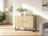31.5" Modern Buffet Cabinet, Adjustable Shelf, Steel Base, 2 Chevron Doors Sideboard 49051062