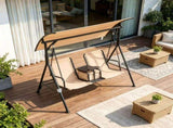 Beige 2-Seat Porch Swing with Adjustable Canopy, Built-in Storage Table & Cup Holders for Backyard 02083236