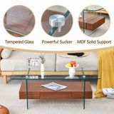 ZNTS 43.3 Inch Modern Two-Tier Coffee Table - Clear Tempered Glass and Dark Wood Grain, Multifunctional W1151P232626