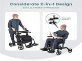 2-in-1 Rollator Walker & Wheelchair 6-Level Adjustable Handles, 1-Hand Folding, Storage 51449217