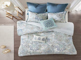 8 Piece Cotton Floral Printed Reversible Comforter Set Blue King B03597066