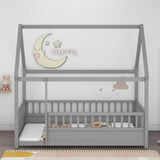 Full Size Floor Wooden Bed with House Roof Frame, Fence Guardrails,Grey W1858123988