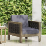 Outdoor Acacia Wood Club Chair with Wicker Accents, Gray Mixed Gray Brown, 30.25"D x 27.5"W x 68942.00DGRY