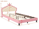 Twin Size Lovely Crown Fantasy PU Leather Princess Bed with Tufted Headboard, PinkCream N733P198760H
