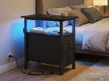 Black Narrow Side Table with Charging Station, USB Ports, LED Lights, Storage 52432353