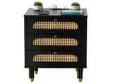 3-Drawer Nightstand with Woven Rattan Fronts and Built-in Power Outlet 15.75"*13.78"*23.82" Black 43527562