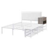 Full size Metal Platform Bed with Two-Tier Storage Shelves, Wooden Storage Cabinet, White N737P199334K