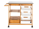 Moveable Kitchen Cart with Stainless Steel Table Top & Three Drawers & Three Baskets Burlywood 38657513