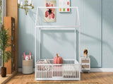 Full Size Metal House Bed with Fence and Door, White MF315933AAK