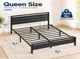 Queen Size Metal Wood Platform Bed Frame, 3-Panel Black Wood Grain Headboard with LED Light & 37766245