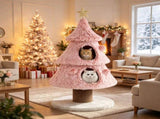 Pink Xmas Tree Themed Cat Tower, Multi-Layer Corner Cat Tree with 2 Deluxe Semi-Enclosed Condos, 58737760