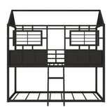 ZNTS Twin over Twin Size Metal Low Bunk Beds with Roof and Fence-shaped Guardrail, Black MF293553AAB