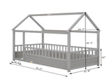 Twin Size Floor Wooden Bed with House Roof Frame, Fence Guardrails,Grey W1858123985