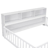Full Floor Bed with Side Bookcase,Shelves,Guardrails,White W504142775