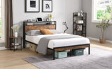 King Size Metal Platform Bed Frame with Wooden Headboard and Footboard with USB LINER, No Box Spring W311119789