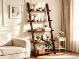 5-Tier Bamboo Leaning Ladder Shelf, Minimalist Wall-Leaning Storage Rack with Anti-Tipping Device, 16239279