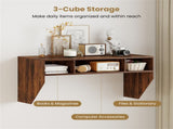 Rustic Brown Wall-Mounted Floating Computer Desk with 3-Cube Storage, Sturdy Wooden Workstation for 55825047