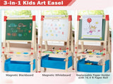 3-in-1 Kids Wooden Easel - Magnetic Chalkboard/WhiteboardPaper Roll, 60 Accessories, NaturalBlue 24573493