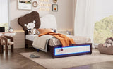 ZNTS Twin Size Upholstered Platform Bed with Bear Shaped Headboard, LED Light Strips, White + Brown WF323767AAK