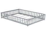 Full Size Floor Bed with Fence and Door,Rubber Wood Floor Bed with Safety Guardrails,Grey W504P296784