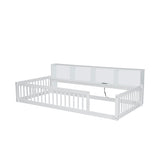 Wood Twin XL Size Floor Bed with Storage Cabinets and USB Ports, White N709P205811K