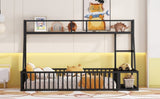 Twin Size Floor Bed Frame with Safety Fence, Metal Floor Bed with Desk and Storage Shelves, W1580P240068