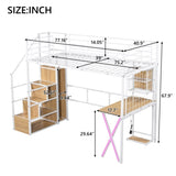 Twin Size Metal Loft Bed with Built-in Work Station, Wardrobe, Storage Staircase and LED, White 60991142