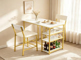 Bar Table and Stool Set 1 Table 2 Stools, White Marble Pattern MDF Tabletop & Gold Metal Frame, 19492848