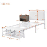 Twin size Metal Platform Bed with Two-Tier Storage Shelves, Wooden Storage Cabinet, White N737P199330K