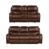 Achern Brown Leather-Air Nailhead Manual Reclining Sofa and Loveseat with Storage Console and USB T2574P198807